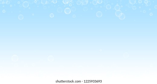 Random soap bubbles abstract background. Blowing bubbles on winter sky background. Breathtaking soapy foam overlay template. Adorable vector illustration.