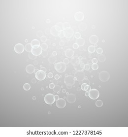 Random soap bubbles abstract background. Blowing bubbles on light grey background. Breathtaking soapy foam overlay template. Perfect vector illustration.