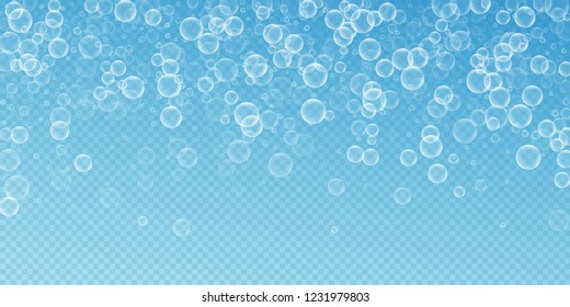 Random soap bubbles abstract background. Blowing bubbles on transparent blue background. Artistic soapy foam overlay template. Eminent vector illustration.