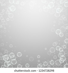 Random soap bubbles abstract background. Blowing bubbles on light grey background. Bold soapy foam overlay template. Stunning vector illustration.
