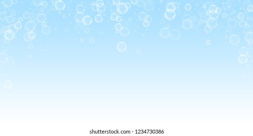 Random soap bubbles abstract background. Blowing bubbles on winter sky background. Breathtaking soapy foam overlay template. Imaginative vector illustration.