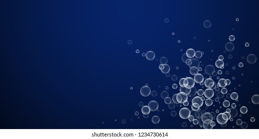 Random soap bubbles abstract background. Blowing bubbles on dark blue night background. Breathtaking soapy foam overlay template. Excellent vector illustration.