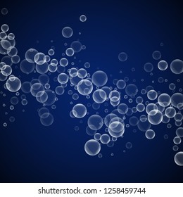 Random soap bubbles abstract background. Blowing bubbles on dark blue night background. Breathtaking soapy foam overlay template. Splendid vector illustration.