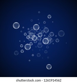 Random soap bubbles abstract background. Blowing bubbles on dark blue night background. Bizarre soapy foam overlay template. Unequaled vector illustration.