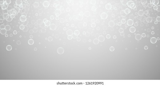 Random soap bubbles abstract background. Blowing bubbles on light grey background. Astonishing soapy foam overlay template. Awesome vector illustration.