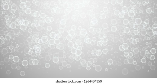 Random soap bubbles abstract background. Blowing bubbles on light grey background. Astonishing soapy foam overlay template. Captivating vector illustration.