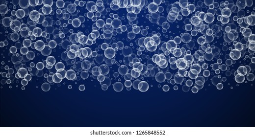 Random soap bubbles abstract background. Blowing bubbles on winter sky background. Astonishing soapy foam overlay template. Amusing vector illustration.