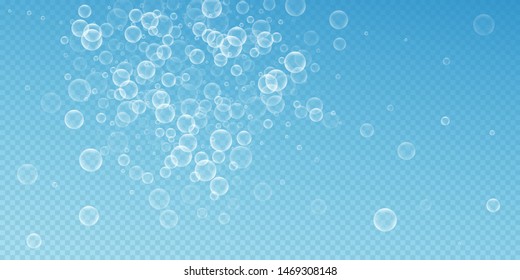 Random soap bubbles abstract background. Blowing bubbles on transparent blue background. Artistic soapy foam overlay template. Dazzling vector illustration.