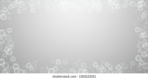 Random soap bubbles abstract background. Blowing bubbles on light grey background. Artistic soapy foam overlay template. Unique vector illustration.