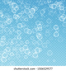 Random soap bubbles abstract background. Blowing bubbles on blue transparent background. Bold soapy foam overlay template. Neat vector illustration.