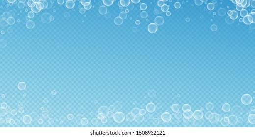 Random soap bubbles abstract background. Blowing bubbles on transparent blue background. Artistic soapy foam overlay template. Neat vector illustration.