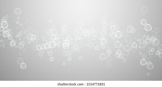 Random soap bubbles abstract background. Blowing bubbles on light grey background. Artistic soapy foam overlay template. Fancy vector illustration.