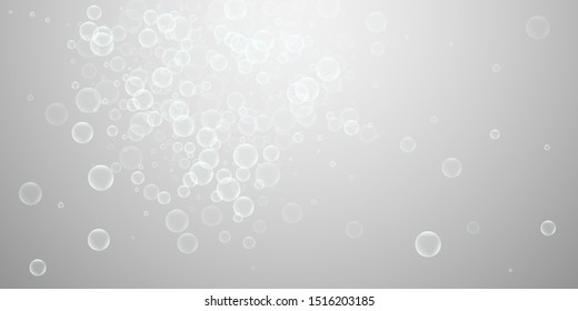 Random soap bubbles abstract background. Blowing bubbles on light grey background. Artistic soapy foam overlay template. Curious vector illustration.