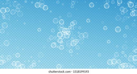 Random soap bubbles abstract background. Blowing bubbles on blue transparent background. Breathtaking soapy foam overlay template. Comely vector illustration.