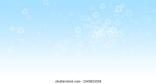 Random soap bubbles abstract background. Blowing bubbles on winter sky background. Breathtaking soapy foam overlay template. Fascinating vector illustration.