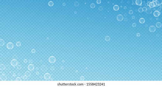 Random soap bubbles abstract background. Blowing bubbles on blue transparent background. Breathtaking soapy foam overlay template. Bewitching vector illustration.