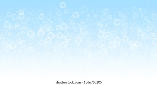 Random soap bubbles abstract background. Blowing bubbles on night sky background. Astonishing soapy foam overlay template. Eminent vector illustration.