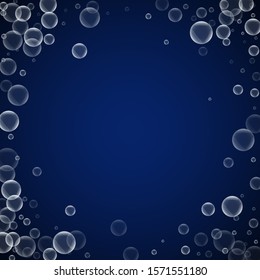 Random soap bubbles abstract background. Blowing bubbles on dark blue night background. Bold soapy foam overlay template. Unique vector illustration.