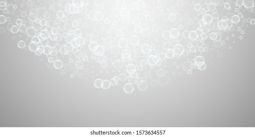Random soap bubbles abstract background. Blowing bubbles on light grey background. Astonishing soapy foam overlay template. Gorgeous vector illustration.