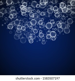 Random soap bubbles abstract background. Blowing bubbles on dark blue night background. Bold soapy foam overlay template. Pleasing vector illustration.