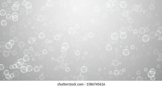 Random soap bubbles abstract background. Blowing bubbles on light grey background. Artistic soapy foam overlay template. Positive vector illustration.