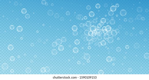 Random soap bubbles abstract background. Blowing bubbles on blue transparent background. Breathtaking soapy foam overlay template. Fair vector illustration.