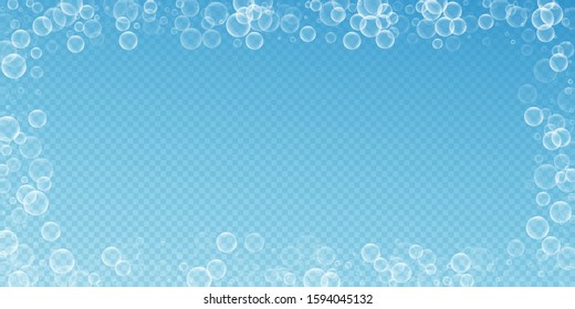 Random soap bubbles abstract background. Blowing bubbles on transparent blue background. Artistic soapy foam overlay template. Valuable vector illustration.
