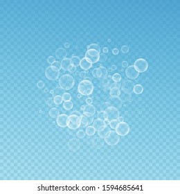 Random soap bubbles abstract background. Blowing bubbles on blue transparent background. Breathtaking soapy foam overlay template. Magnificent vector illustration.