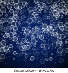 Random soap bubbles abstract background. Blowing bubbles on dark blue night background. Bold soapy foam overlay template. Great vector illustration.