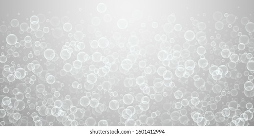 Random soap bubbles abstract background. Blowing bubbles on light grey background. Astonishing soapy foam overlay template. Elegant vector illustration.