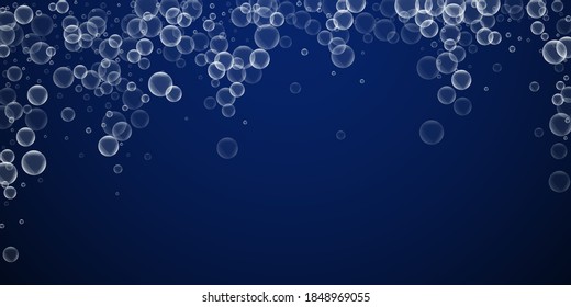 Random soap bubbles abstract background. Blowing bubbles on winter sky background. Artistic soapy foam overlay template. Tempting vector illustration.