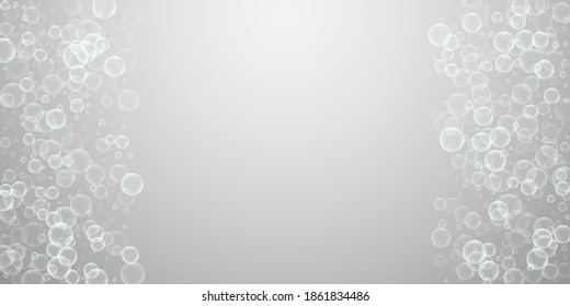 Random soap bubbles abstract background. Blowing bubbles on light grey background. Breathtaking soapy foam overlay template. Astonishing vector illustration.