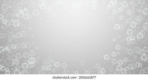 Random soap bubbles abstract background. Blowing bubbles on light grey background. Astonishing soapy foam overlay template. Interesting vector illustration.