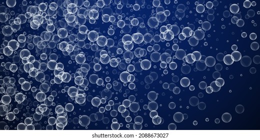 Random soap bubbles abstract background. Blowing bubbles on winter sky background. Astonishing soapy foam overlay template. Fabulous vector illustration.