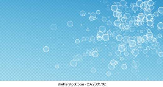 Random soap bubbles abstract background. Blowing bubbles on blue transparent background. Breathtaking soapy foam overlay template. Delightful vector illustration.
