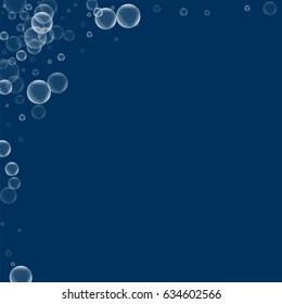 Random soap bubbles. Abstract left top corner with random soap bubbles on deep blue background. Vector illustration.