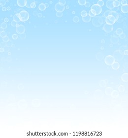 Random soap bubbles Christmas background. Subtle flying snow flakes and stars on winter sky background. Beauteous winter silver snowflake overlay template. Artistic vector illustration.