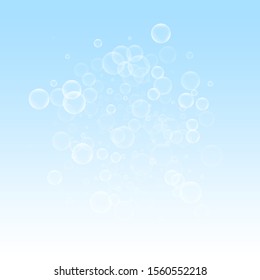 Random soap bubbles Christmas background. Subtle flying snow flakes and stars on winter sky background. Beauteous winter silver snowflake overlay template. Ideal vector illustration.