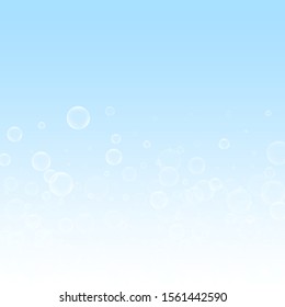 Random soap bubbles Christmas background. Subtle flying snow flakes and stars on winter sky background. Awesome winter silver snowflake overlay template. Mind-blowing vector illustration.