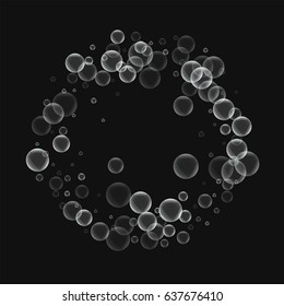 Random soap bubbles. Circle frame with random soap bubbles on black background. Vector illustration.