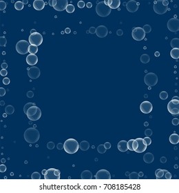 Random soap bubbles. Square abstract frame with random soap bubbles on deep blue background. Vector illustration.