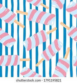 Random spiral pink ice cream seamless pattern. White background with blue lines. Designed for wallpaper, textile, wrapping paper, fabric print. Vector illustration.
