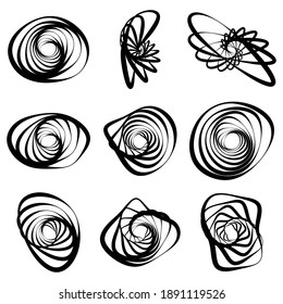 Random spiral, swirl, twirl element set abstract vector. Concentric, radial and circular lines shape. Abstract clip-art