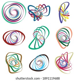 Espiral aleatoria, giratoria, elemento twirl conjunto vector abstracto. Forma de líneas concentradas, radiales y circulares. Imágenes prediseñadas abstractas