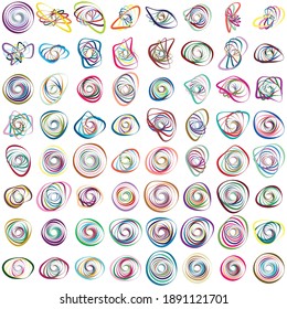 Random spiral, swirl, twirl element set abstract vector. Concentric, radial and circular lines shape. Abstract clip-art