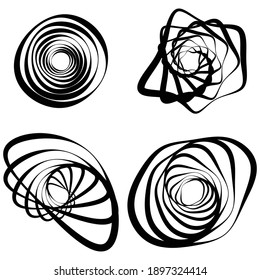 Random spiral, swirl, twirl element set abstract vector. Concentric, radial and circular lines shape. Abstract clip-art