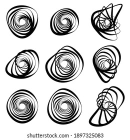 Random spiral, swirl, twirl element set abstract vector. Concentric, radial and circular lines shape. Abstract clip-art