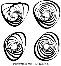 Random spiral, swirl, twirl element set abstract vector. Concentric, radial and circular lines shape. Abstract clip-art