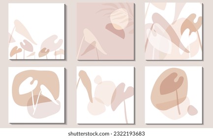 Random Flecken von delikaten pastellbeige und hellbraunen. Ein quadratischer Hintergrund mit großen Bananenblättern. Moderne Illustrationen mit abstrakten Formen in trendigen Beigetönen. 