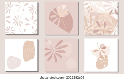 Random Flecken von delikaten pastellbeige und hellbraunen. Ein quadratischer Hintergrund mit Farnblättern. Moderne Illustrationen mit abstrakten Formen in trendigen Beigetönen. 
